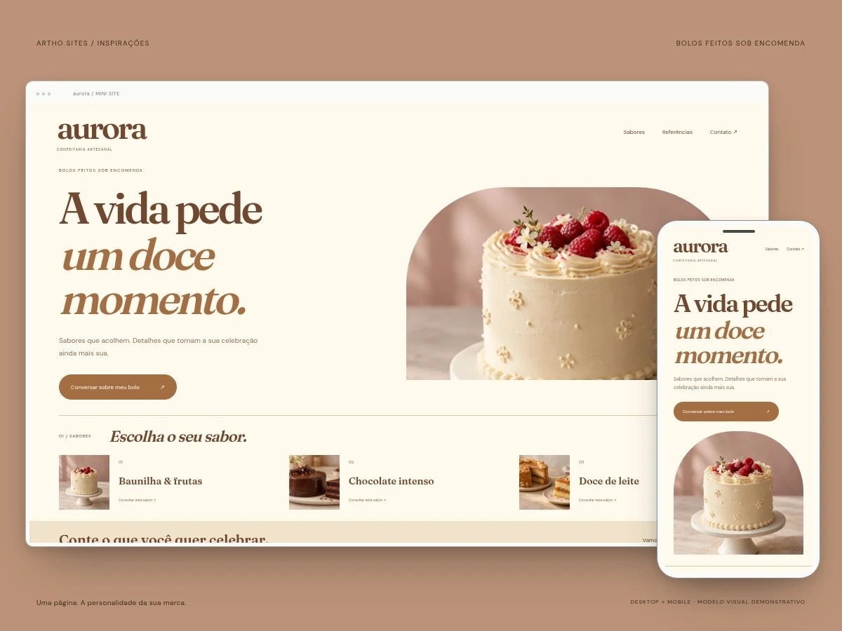 Artisan cake making. Illustrative website concept on desktop and mobile. Fictional brand and AI-generated photography.