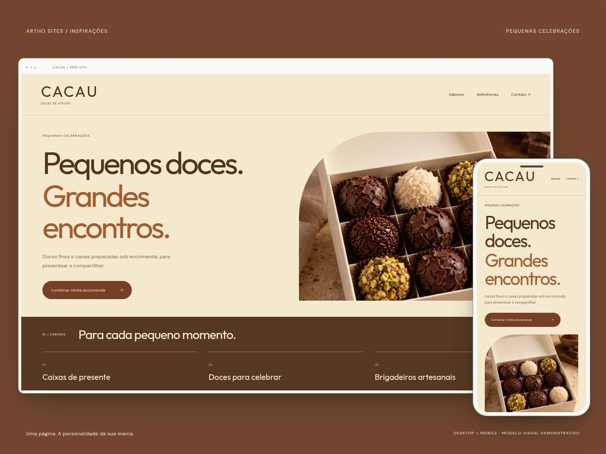 Made-to-order sweets. Illustrative website concept on desktop and mobile. Fictional brand and AI-generated photography.