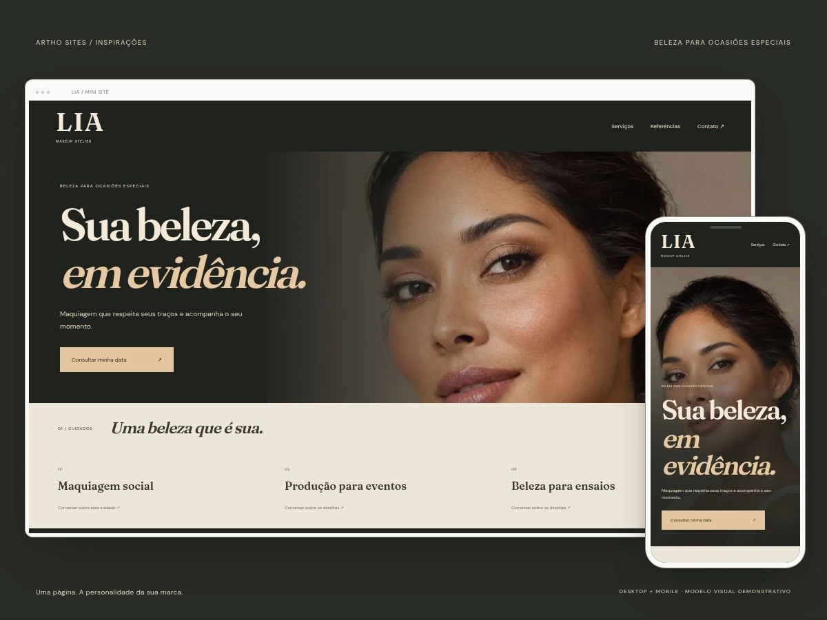 Professional makeup. Illustrative website concept on desktop and mobile. Fictional brand and AI-generated photography.