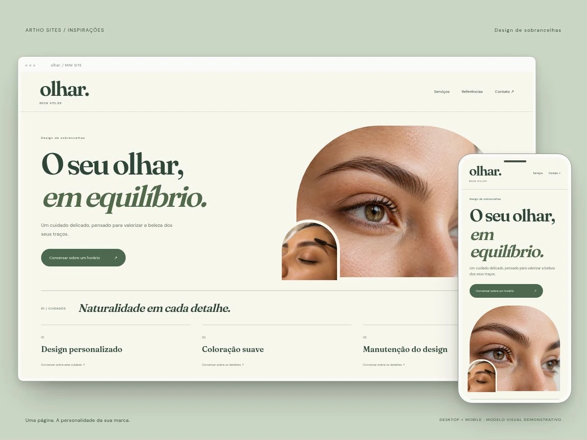 Brow design. Illustrative website concept on desktop and mobile. Fictional brand and AI-generated photography.