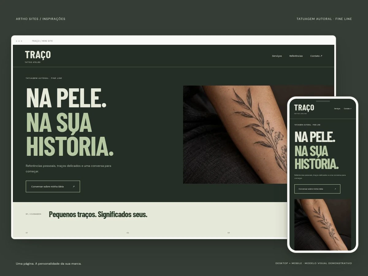 Custom tattooing. Illustrative website concept on desktop and mobile. Fictional brand and AI-generated photography.