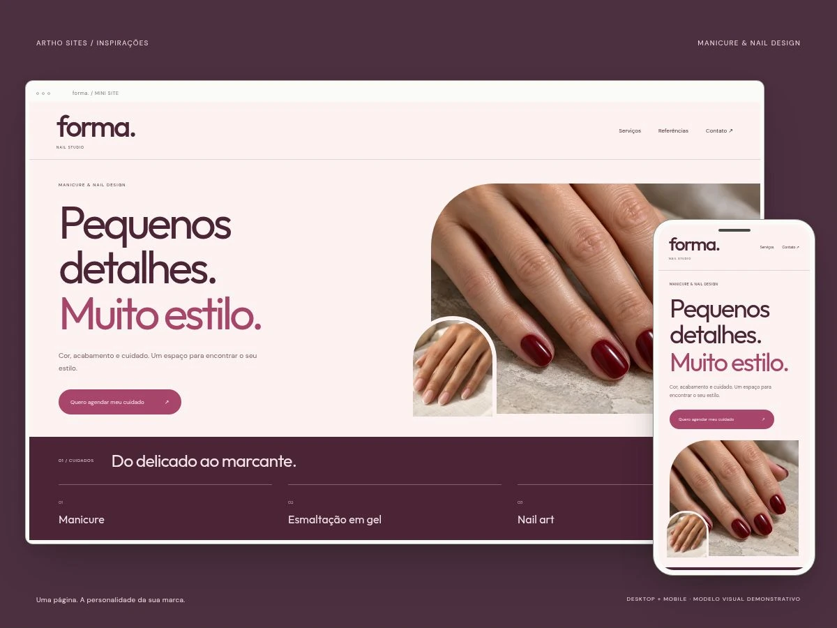 Manicure & nail design. Illustrative website concept on desktop and mobile. Fictional brand and AI-generated photography.