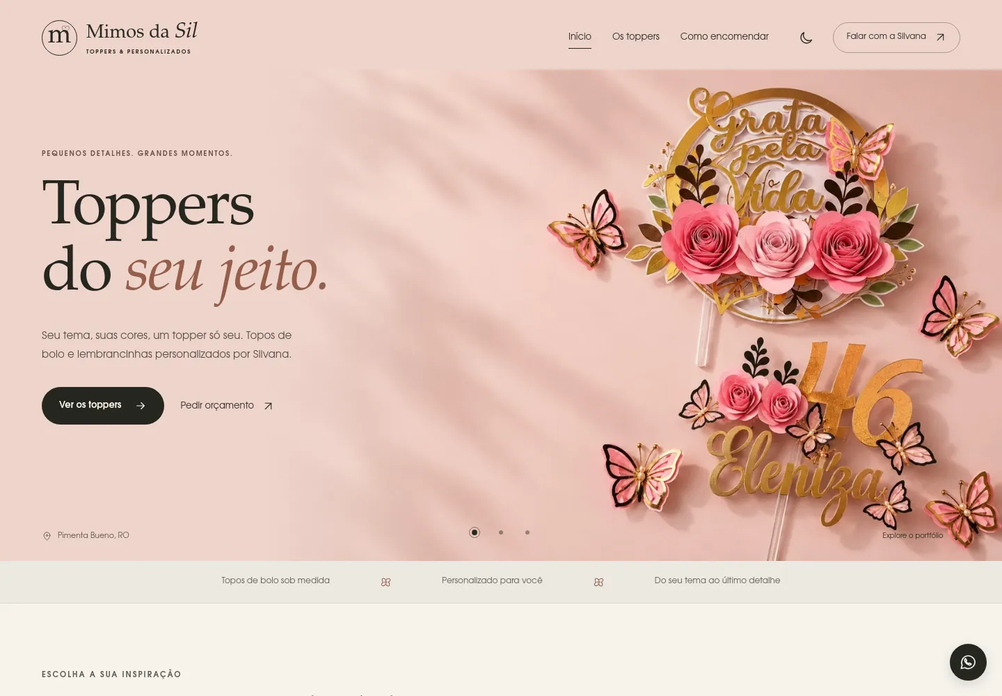 Página de inicio real de Mimos da Sil con su portafolio de adornos para tartas