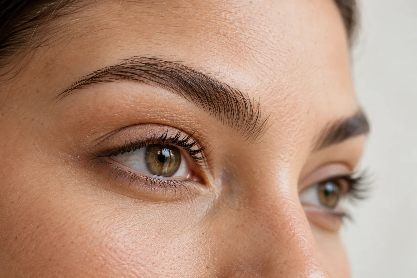 Imagem gerada por IA: Close da região dos olhos e sobrancelhas com textura natural da pele.