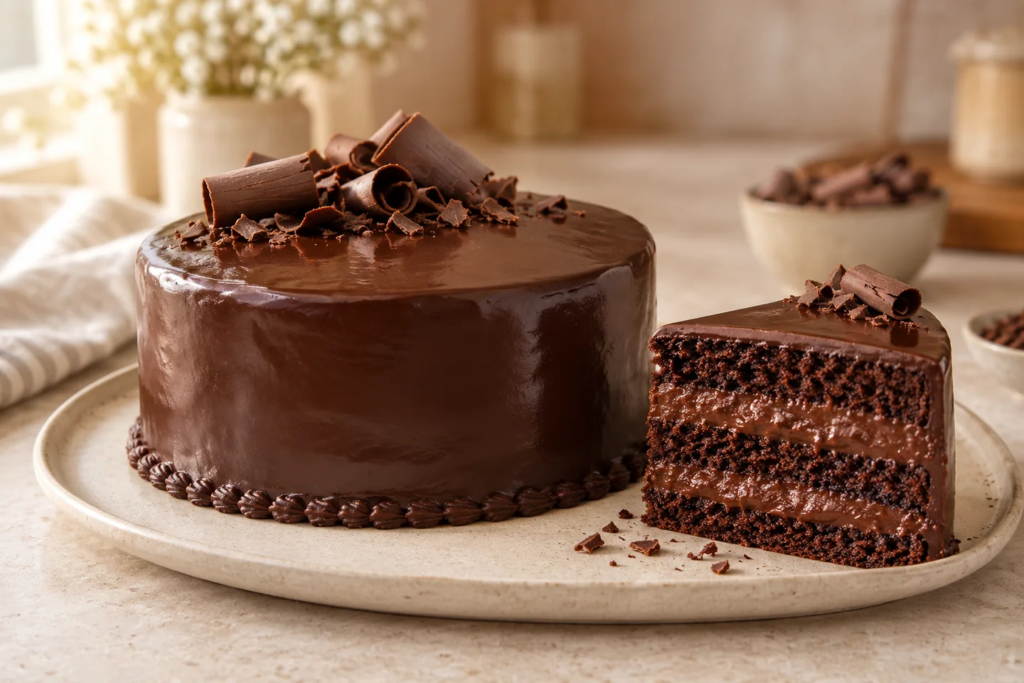 Imagem gerada por IA: Bolo de chocolate com uma fatia mostrando massa e recheio.