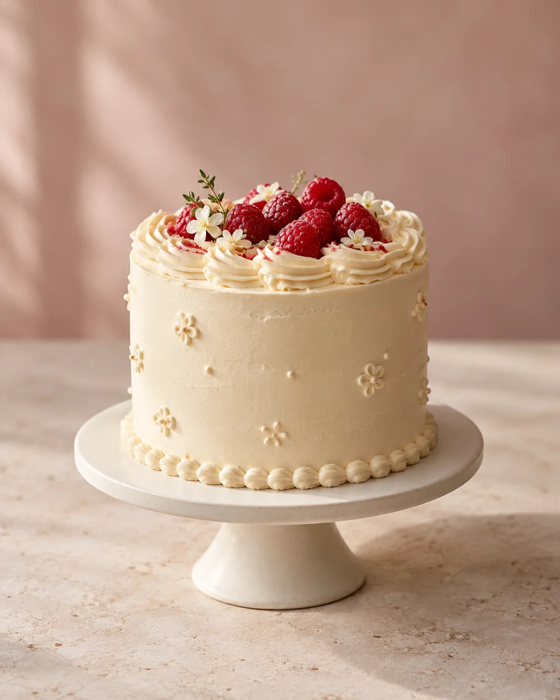 Imagem gerada por IA: Bolo de uma camada com cobertura clara e frutas vermelhas.