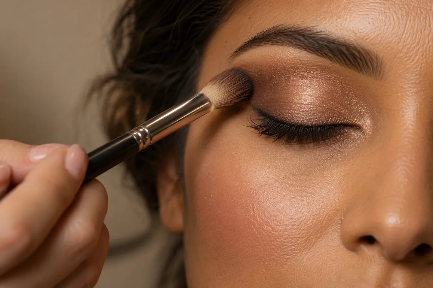 Imagem gerada por IA: Aplicação de sombra com pincel em um close dos olhos.