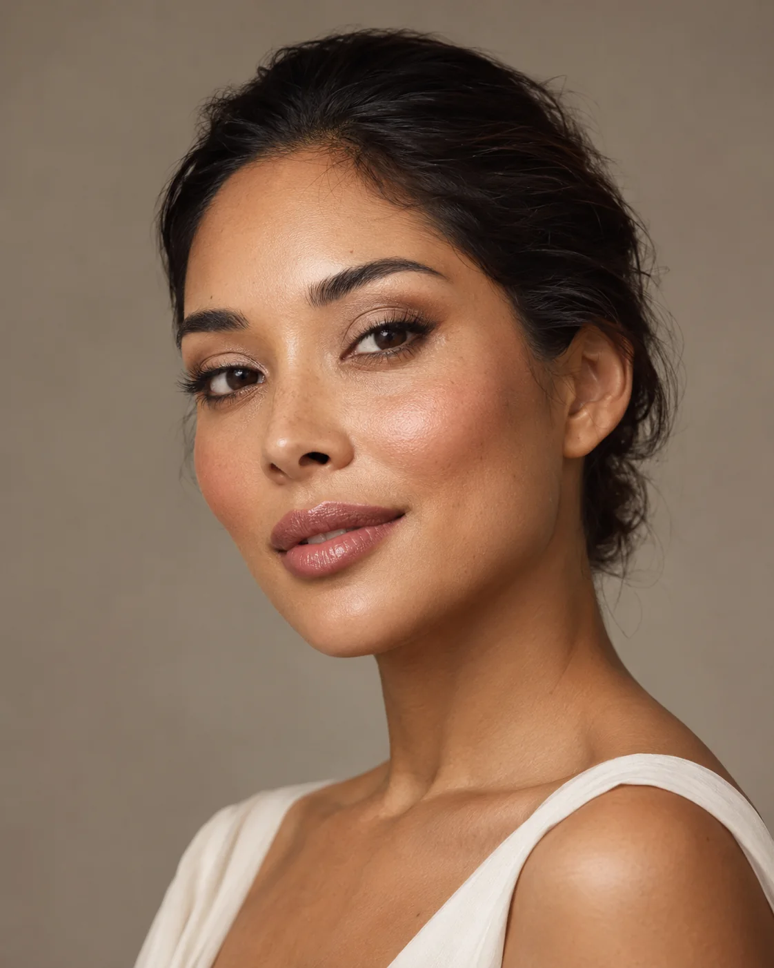 Imagem gerada por IA: Retrato de beleza com maquiagem suave, pele natural e tons rosados.