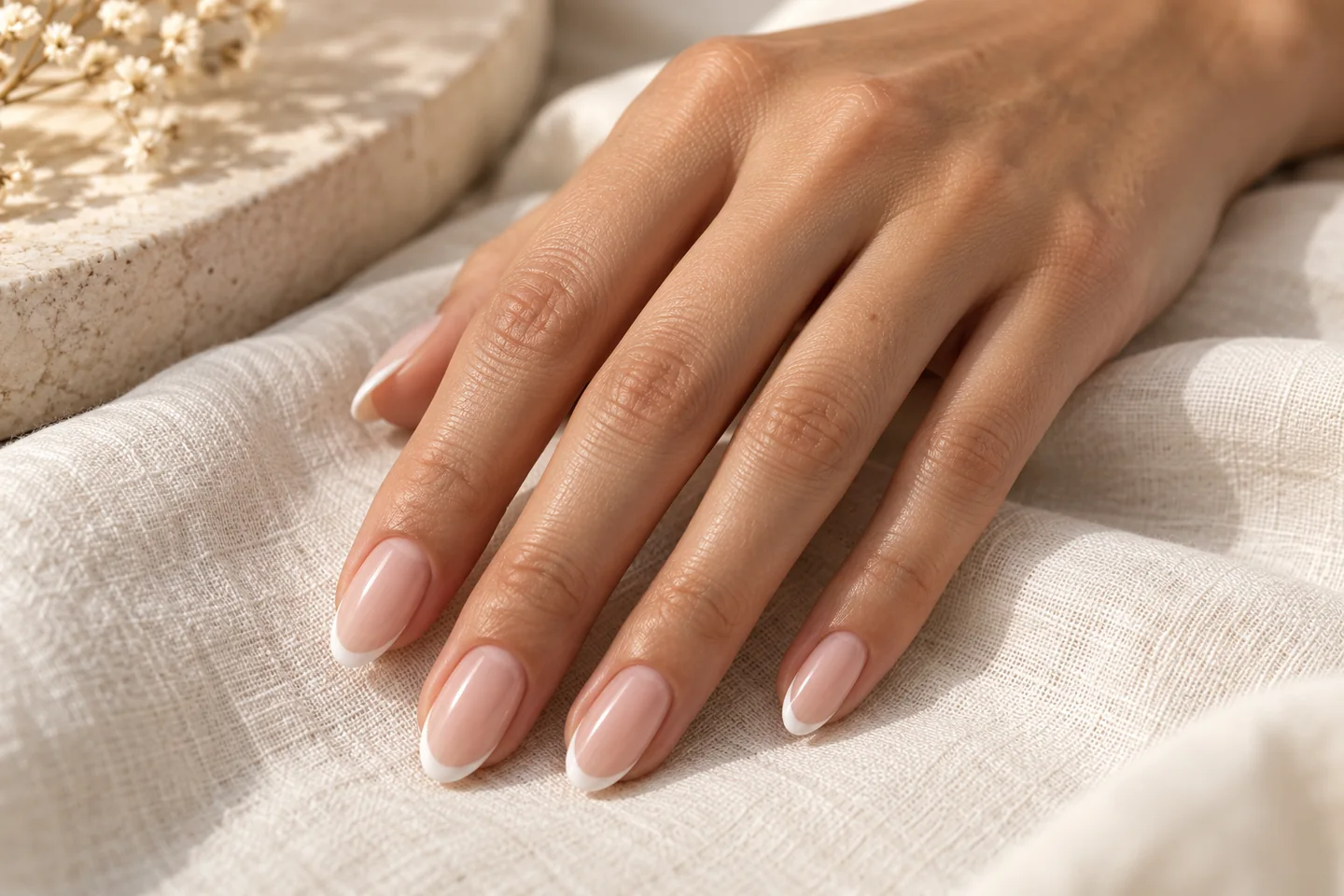 Imagem gerada por IA: Mão com unhas amendoadas em nude e francesinha fina sobre linho.