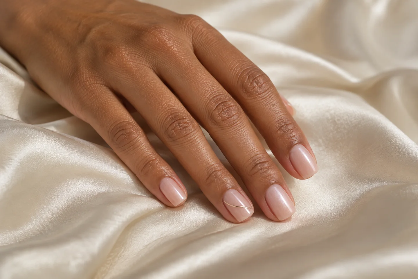 Imagem gerada por IA: Unhas em nude perolado com um detalhe fino champagne.