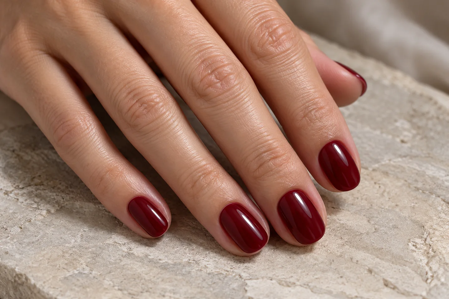 Imagem gerada por IA: Close de unhas curtas com esmaltação bordô brilhante.