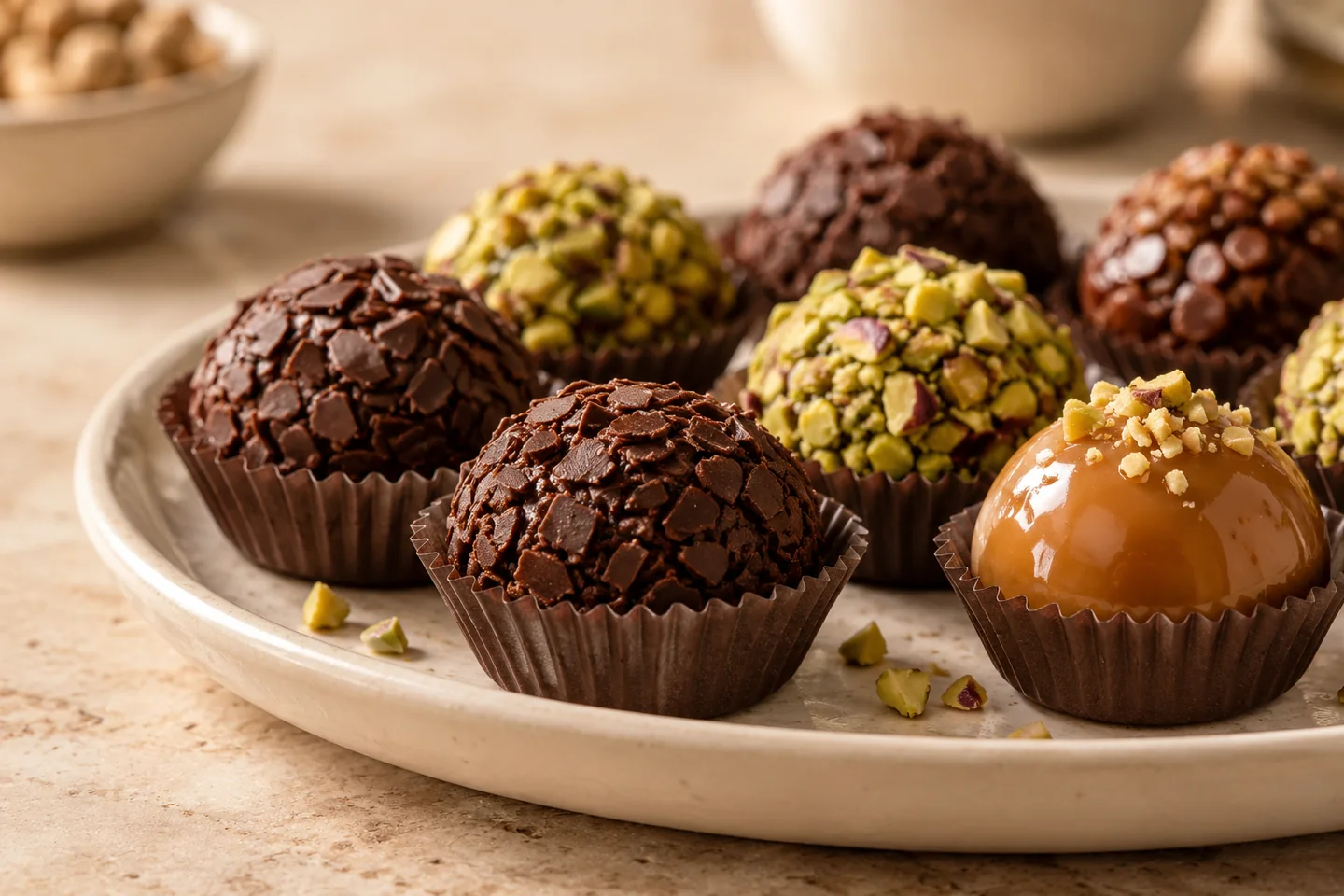 Imagem gerada por IA: Seleção de brigadeiros e doces em uma travessa clara.