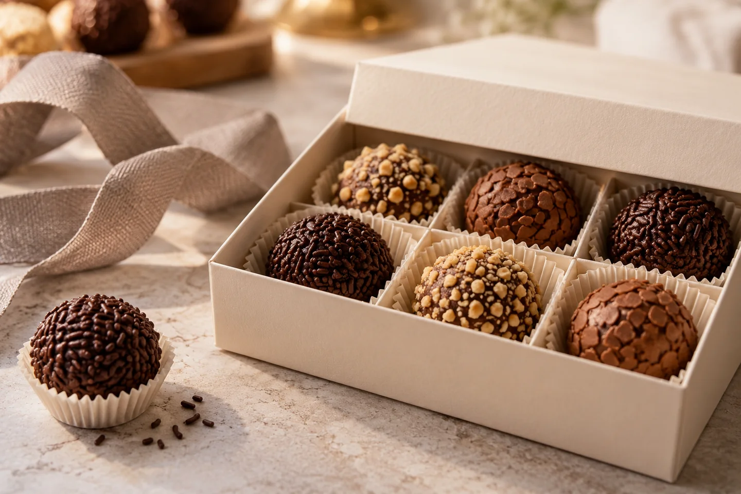 Imagem gerada por IA: Caixa de brigadeiros gourmet com uma fita de linho ao lado.