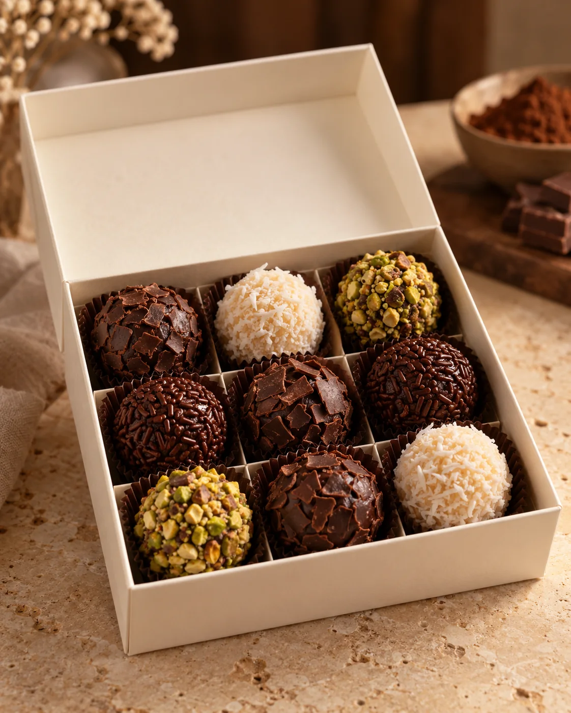 Imagem gerada por IA: Caixa clara com brigadeiros de chocolate, coco e pistache.