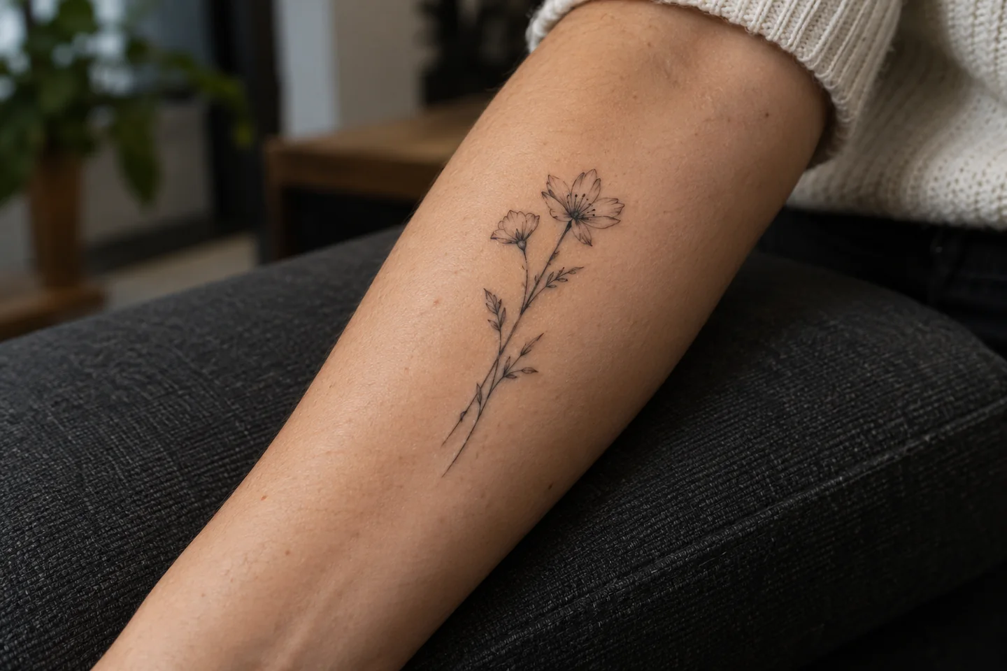 Imagem gerada por IA: Tatuagem delicada de flores em um antebraço.