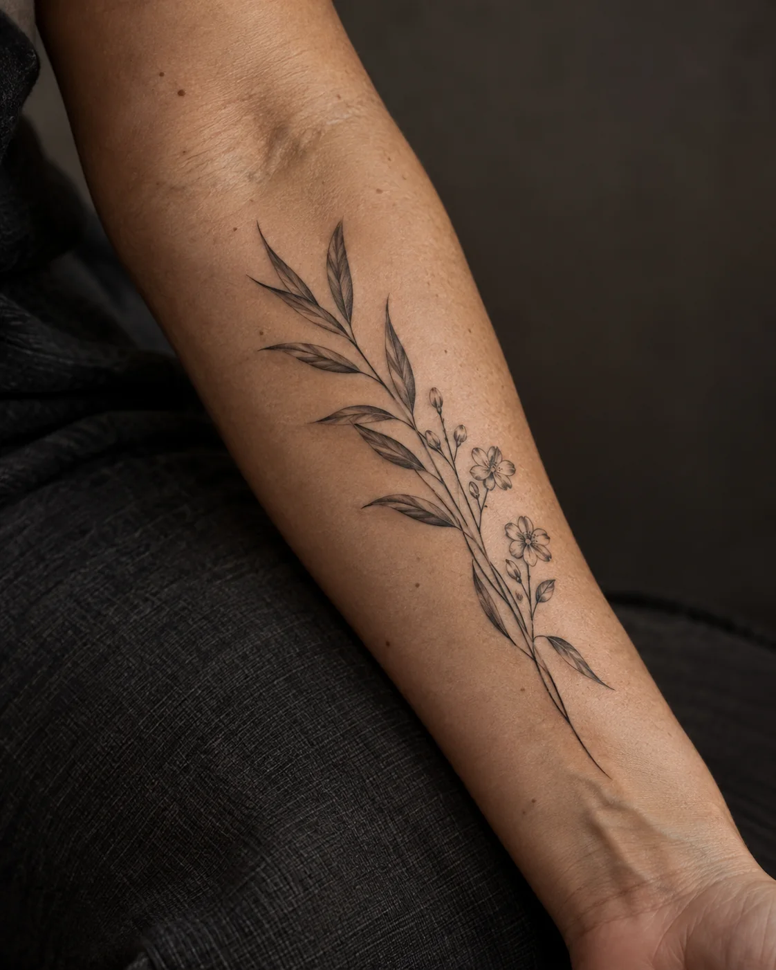 Imagem gerada por IA: Tatuagem de ramo botânico em um antebraço com pele natural.