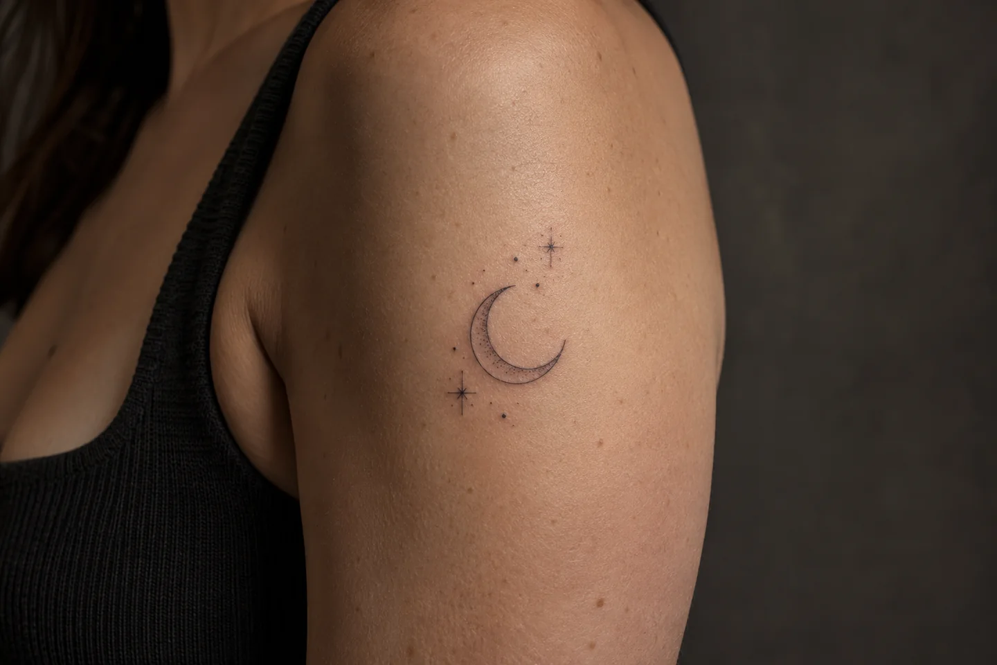 Imagem gerada por IA: Tatuagem de lua crescente e pequenos detalhes no braço.