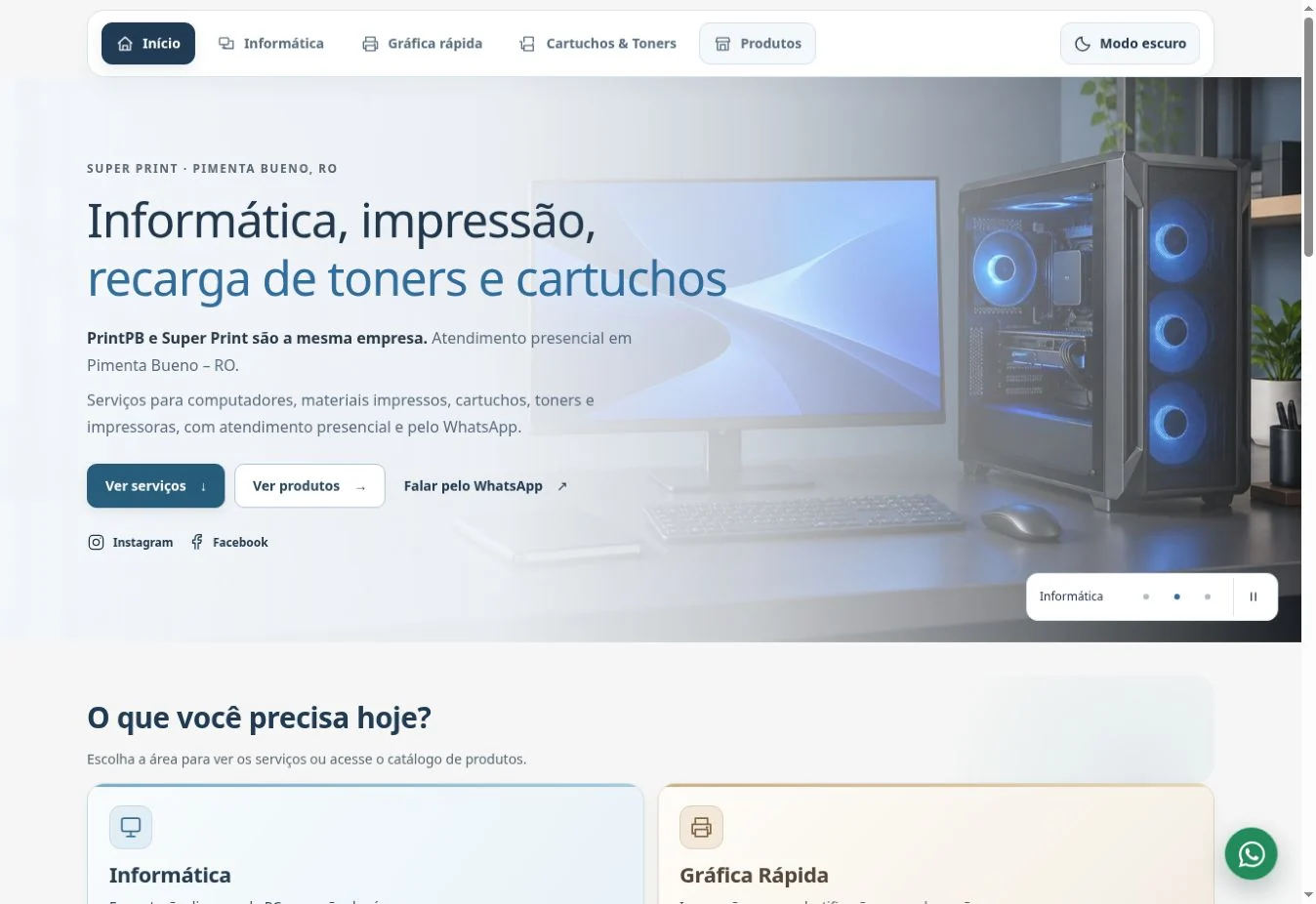 Página inicial real da PrintPB / Super Print, com serviços de informática e impressão